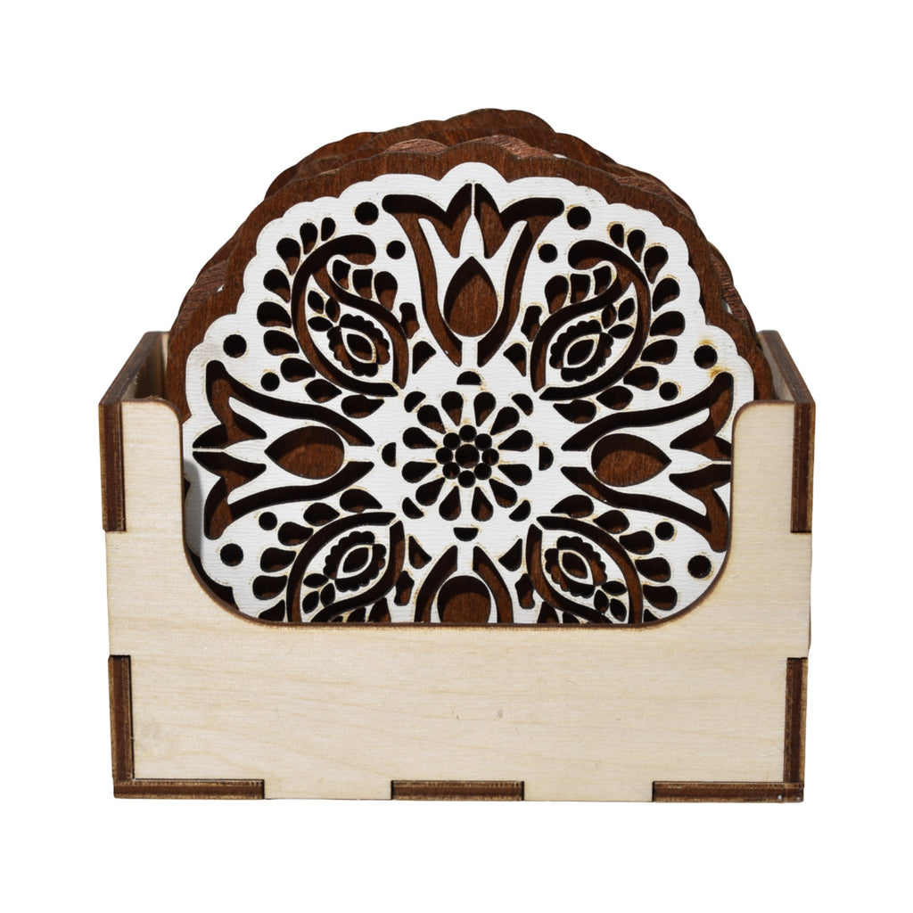 Suport lemn pentru pahare cu 6 suporturi tip coaster, model tradițional românesc, set decorativ, finisaj natur