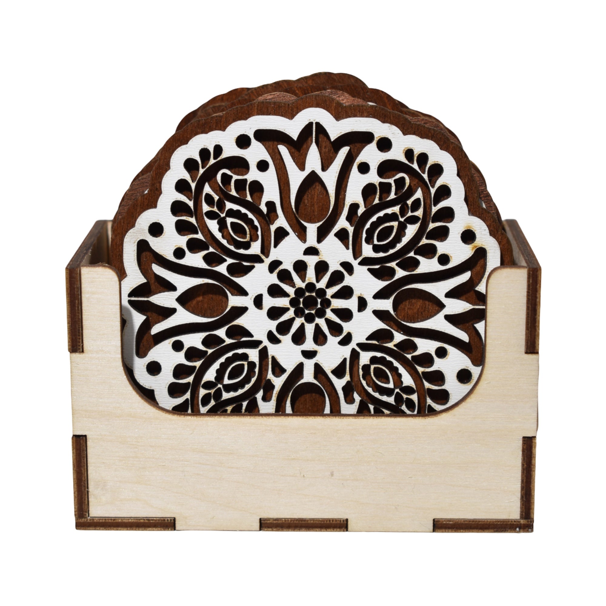 Suport lemn pentru pahare cu 6 suporturi tip coaster, model tradițional românesc, set decorativ, finisaj natur