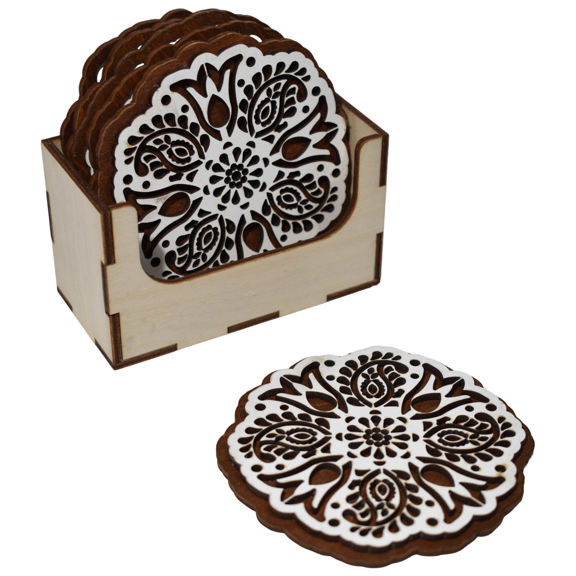 Suport lemn pentru pahare cu 6 suporturi tip coaster, model tradițional românesc, set decorativ, finisaj natur