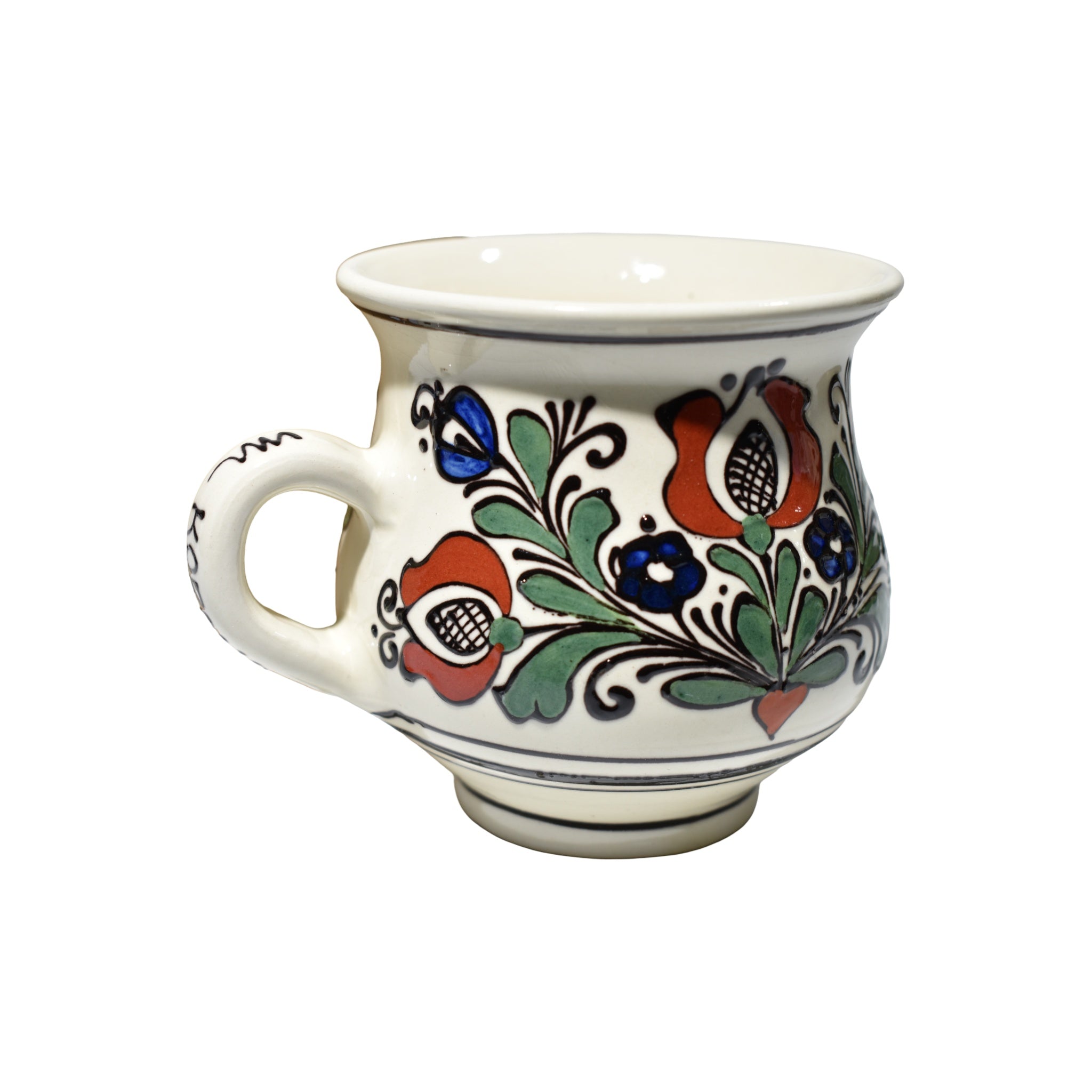 Cană ceramică tradițională de Corund, decor floral autentic, lucrată manual, 300 ml