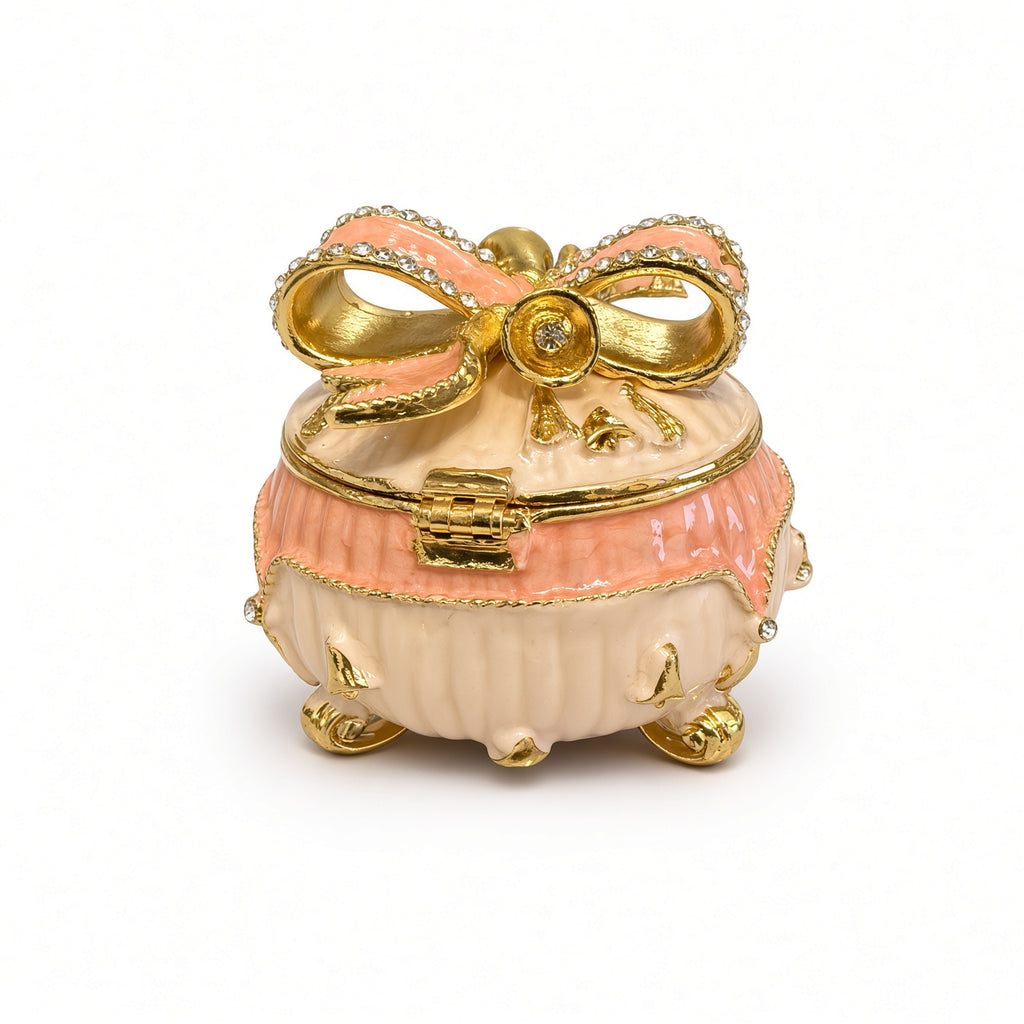 Cutie Bijuterii Rotundă 5x5 cm Crem-Piersică cu Fundă Aurie și Piciorușe