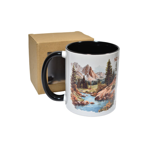 Cană ceramică România cu design cerb și peisaj montan, interior negru, cadou original, 300 ml