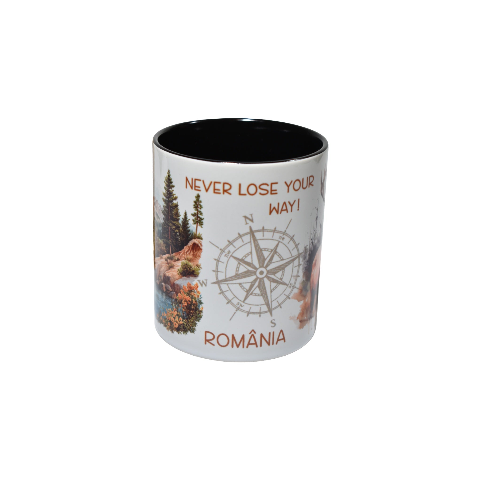 Cană ceramică România cu design cerb și peisaj montan, interior negru, cadou original, 300 ml