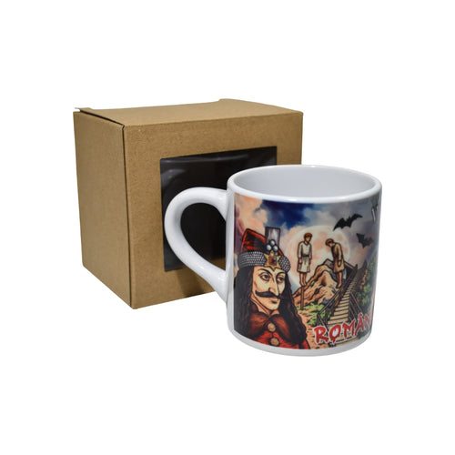 Cană ceramică Dracula Vlad Țepeș, design ilustrat, suvenir România, 300 ml, cadou original