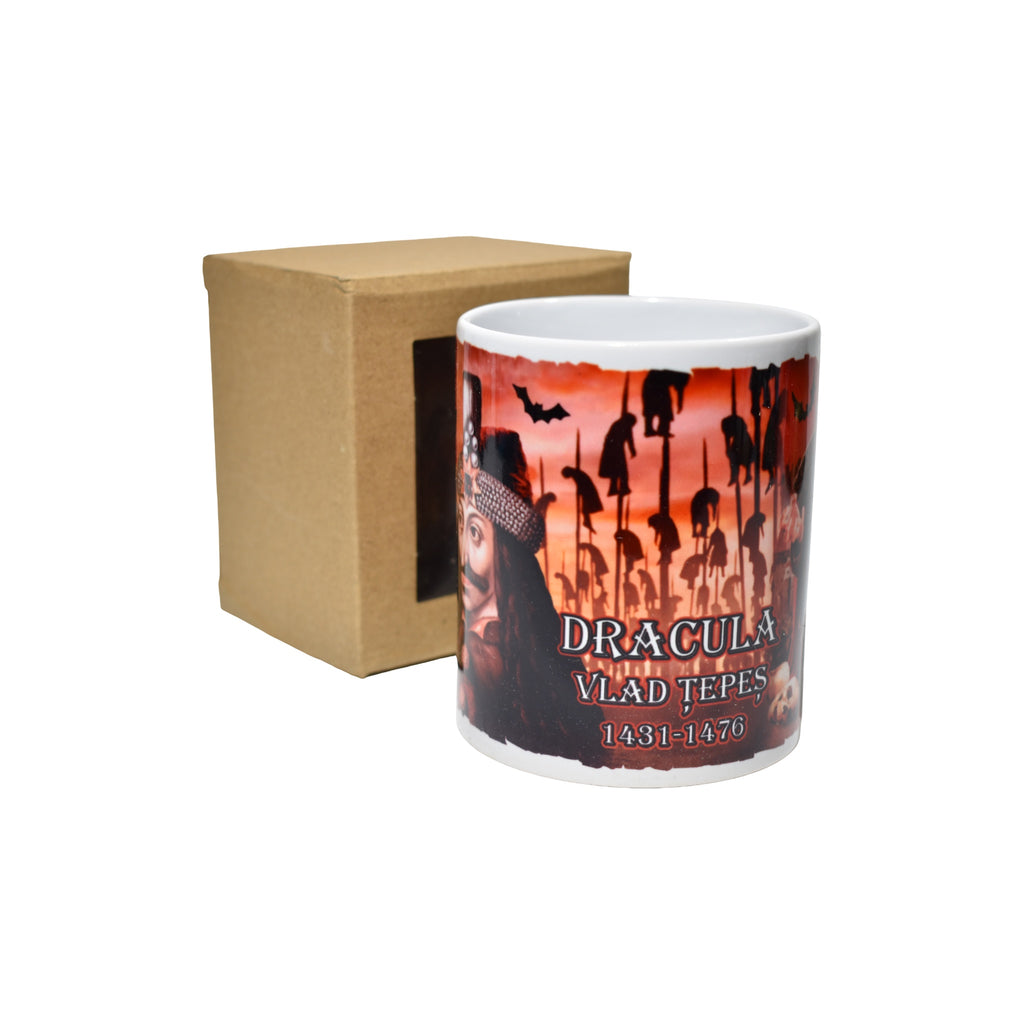 Cană ceramică Dracula Vlad Țepeș, design horror tematic, suvenir România, 300 ml, cadou original