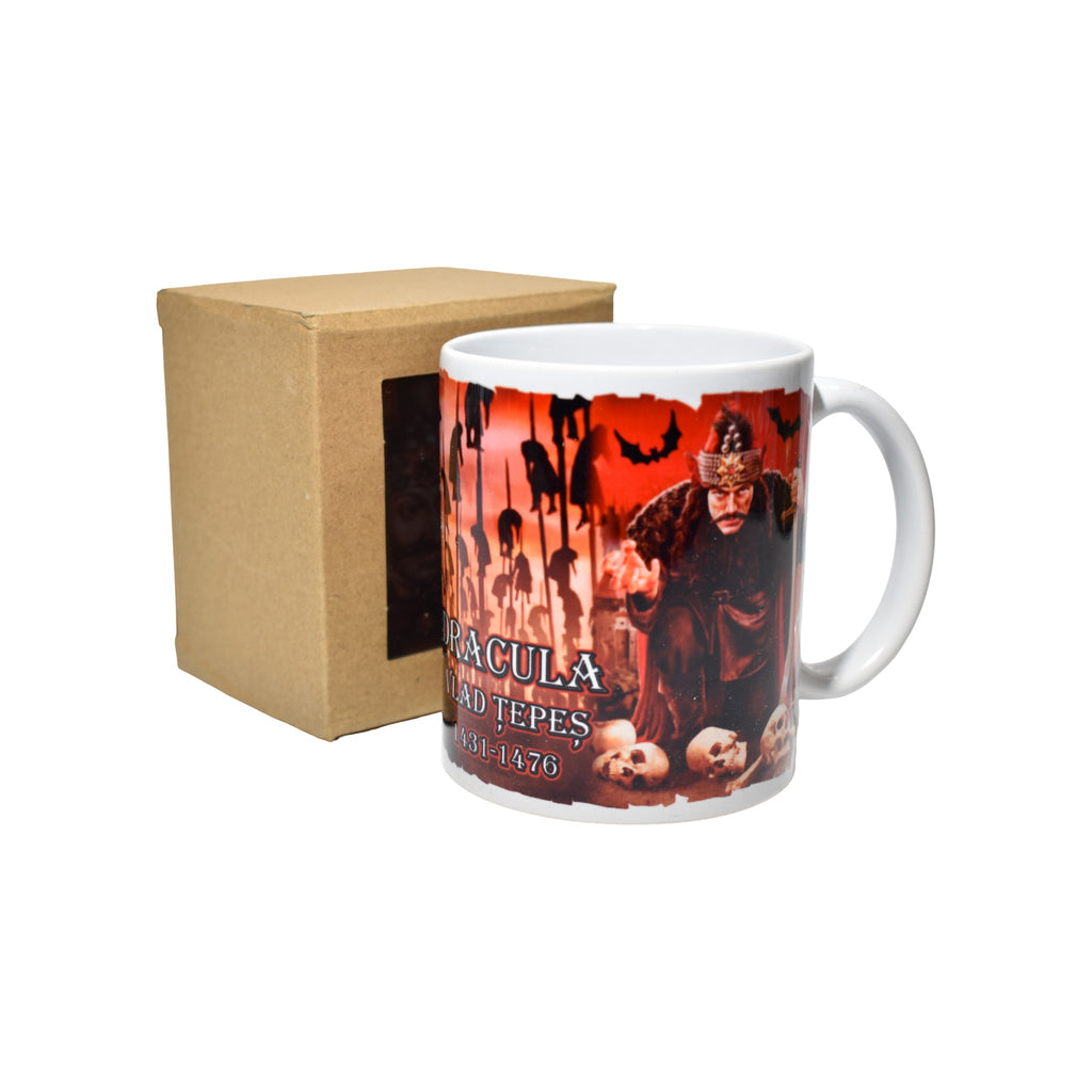 Cană ceramică Dracula Vlad Țepeș, design horror tematic, suvenir România, 300 ml, cadou original