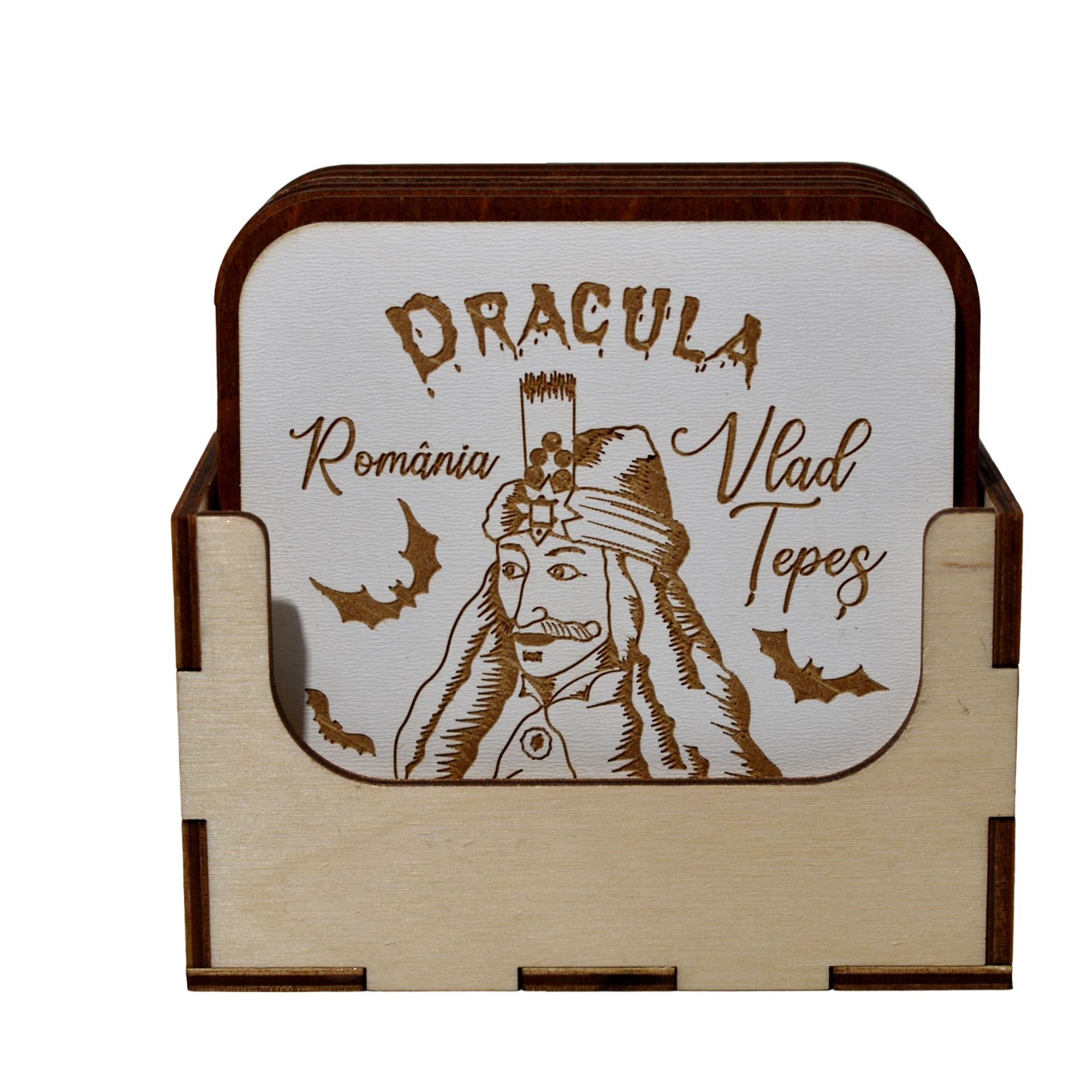 Set Suporturi Pahare Dracula Vlad Țepeș Gravate Laser, Lemn Natural cu Suport, 6 Bucăți, Design Vintage România