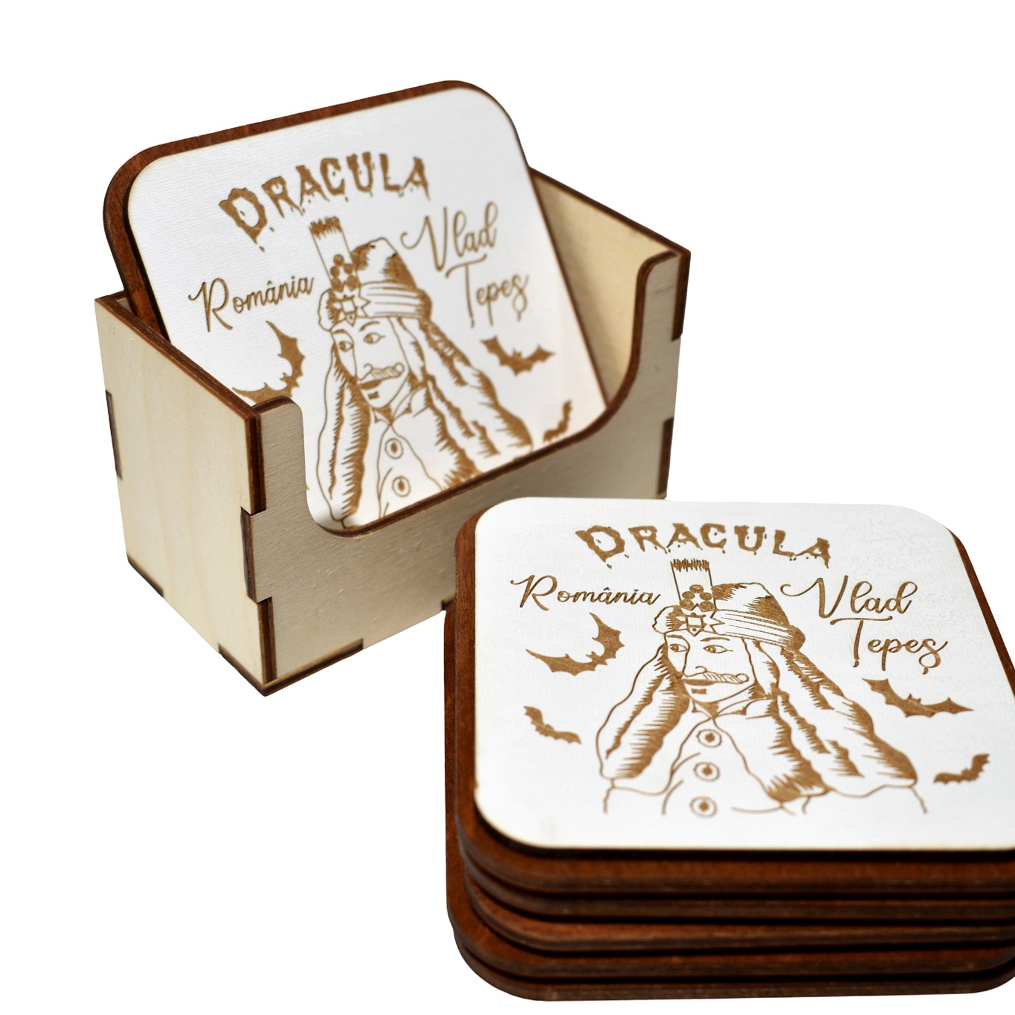 Set Suporturi Pahare Dracula Vlad Țepeș Gravate Laser, Lemn Natural cu Suport, 6 Bucăți, Design Vintage România