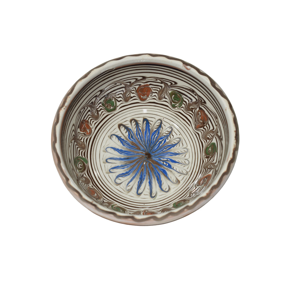 Bol ceramic de Horezu, 19 cm, lucrat manual, model floral albastru tradițional