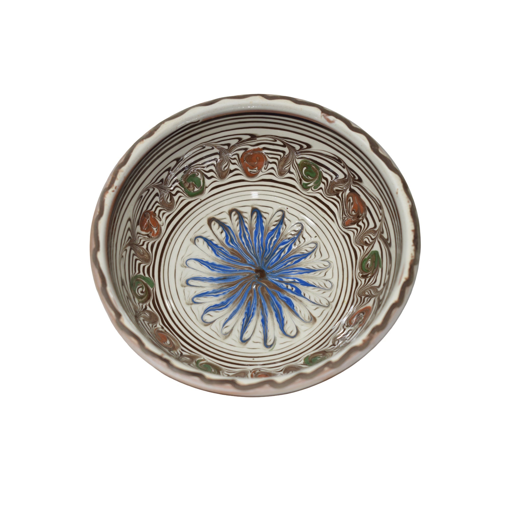 Bol ceramic de Horezu, 19 cm, lucrat manual, model floral albastru tradițional