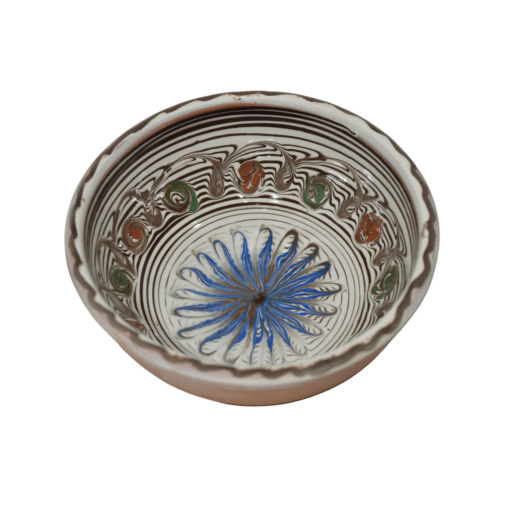 Bol ceramic de Horezu, 19 cm, lucrat manual, model floral albastru tradițional