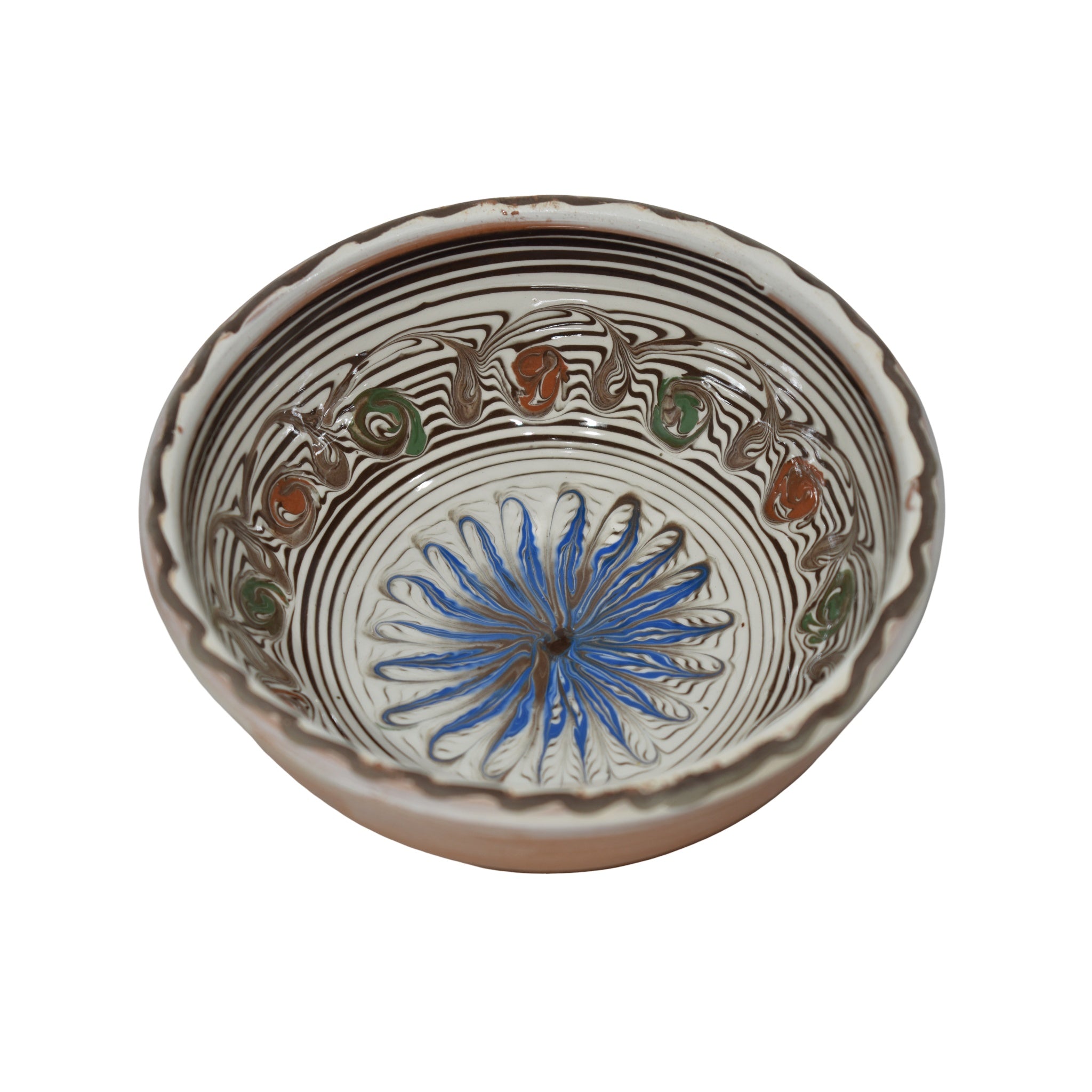 Bol ceramic de Horezu, 19 cm, lucrat manual, model floral albastru tradițional