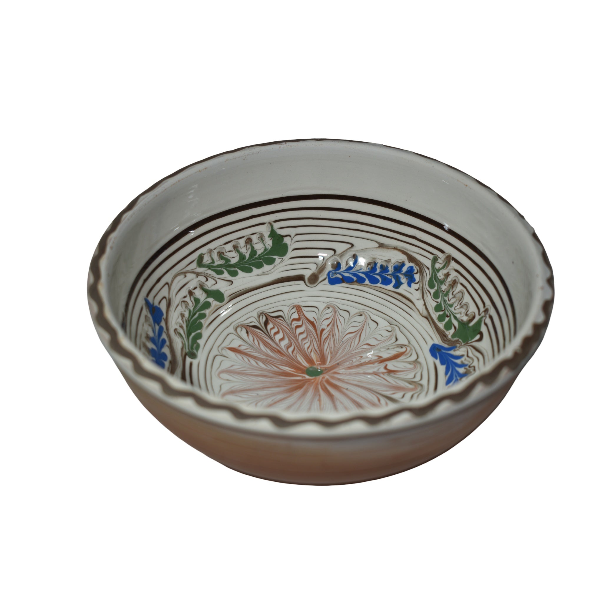 Bol ceramic de Horezu, 19 cm, lucrat manual, decor tradițional românesc, model floral etno