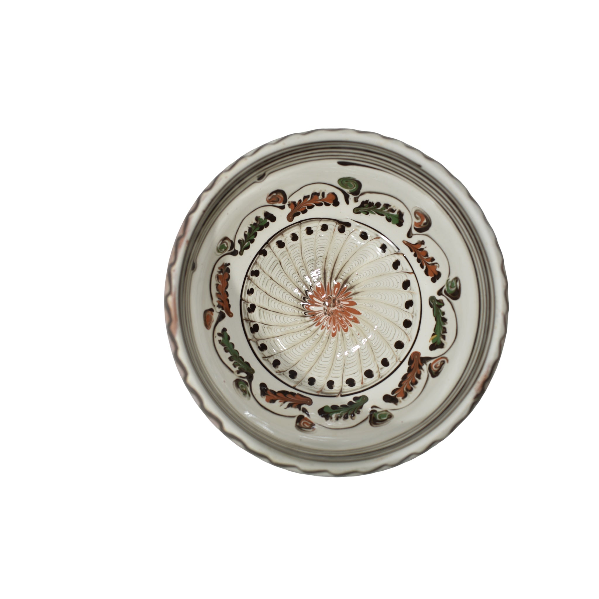 Bol ceramic de Horezu, 18 cm, lucrat manual, decor tradițional românesc, model floral spirală