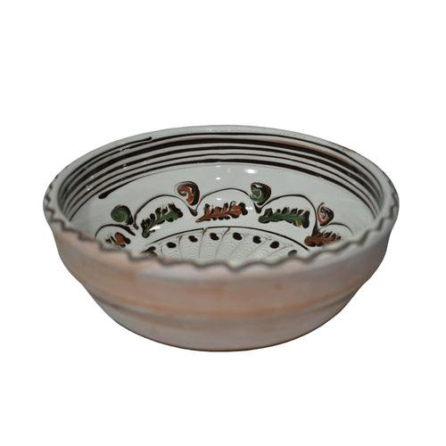 Bol ceramic de Horezu, 18 cm, lucrat manual, decor tradițional românesc, model floral spirală