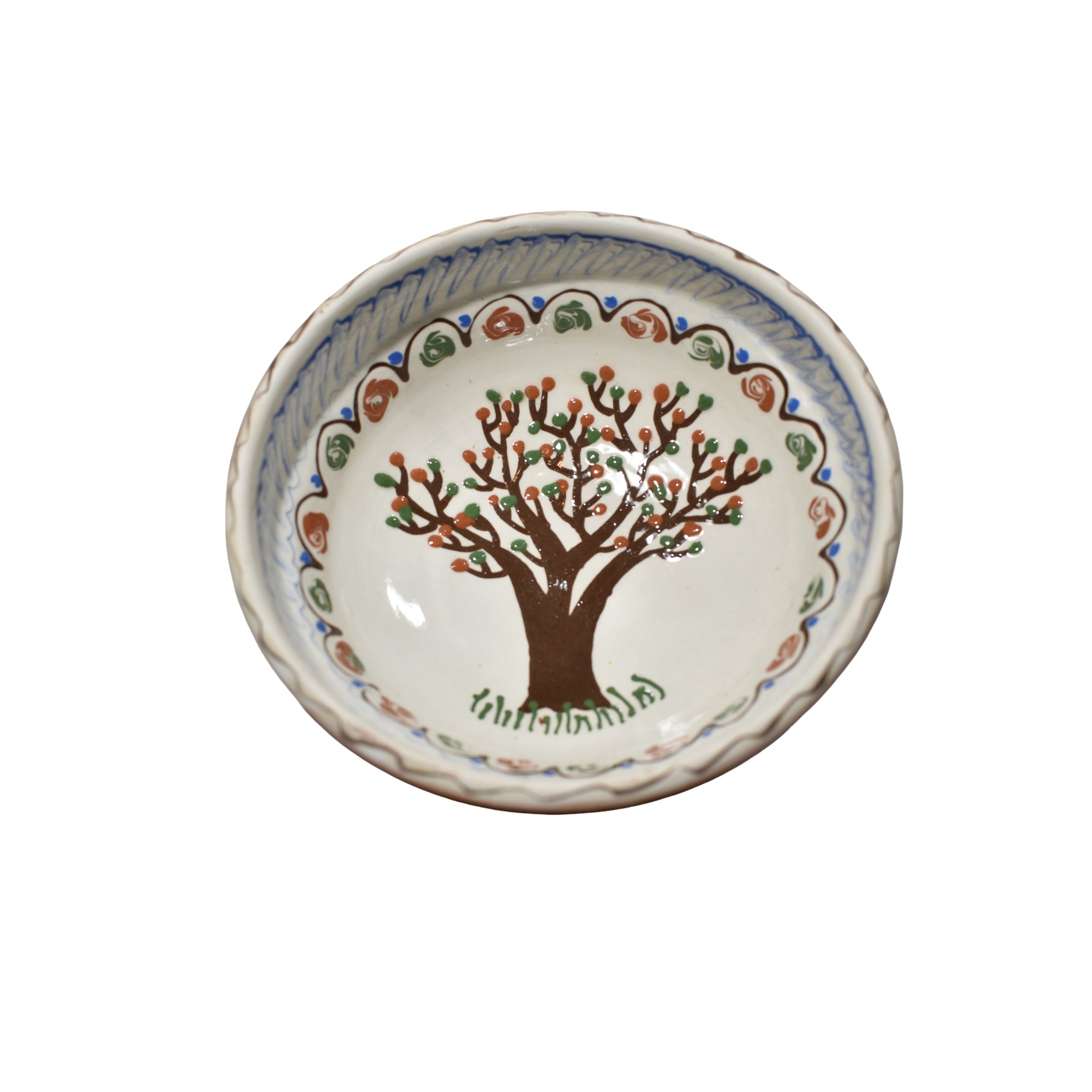 Bol ceramic de Horezu, 16 cm, lucrat manual, decor tradițional românesc, model pomul vieții