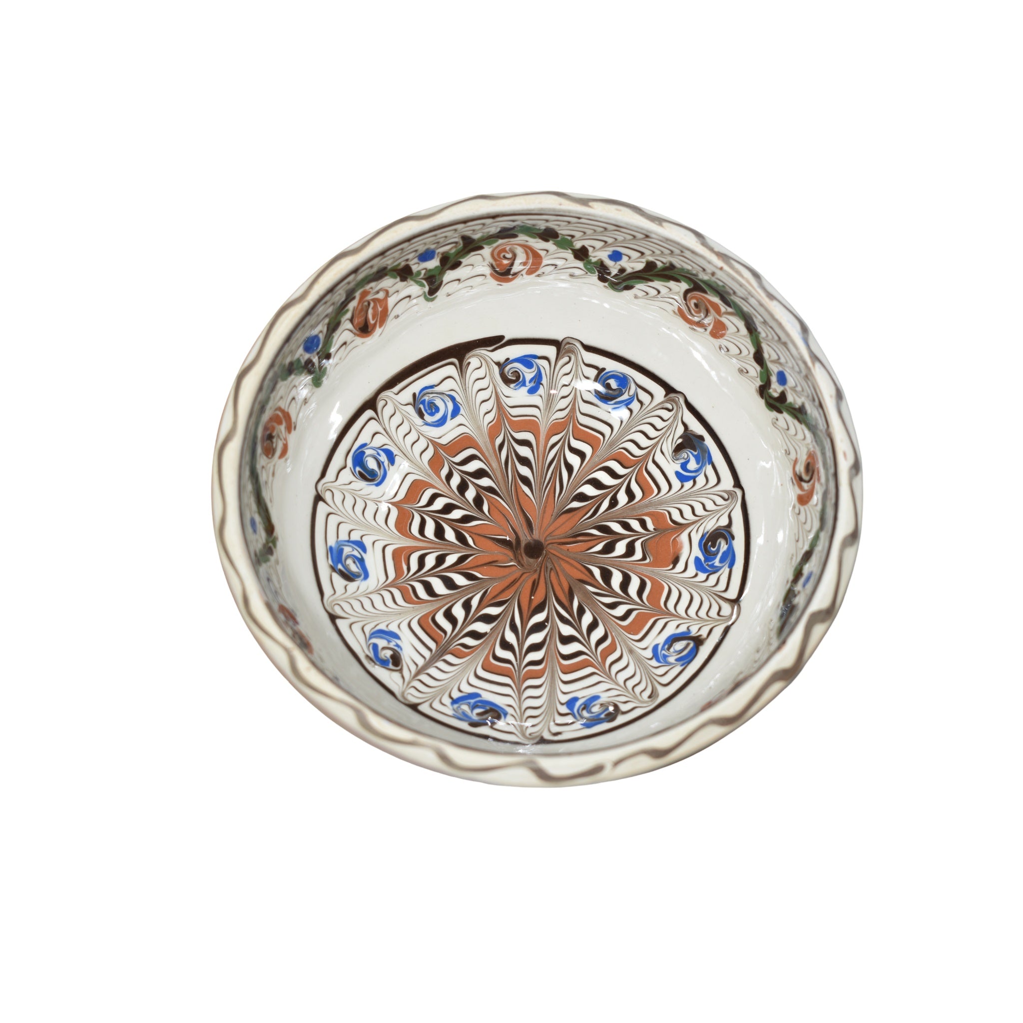 Bol ceramic de Horezu, 19 cm, lucrat manual, decor radial albastru, cu cutie cadou