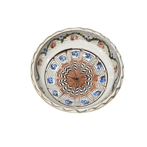 Bol ceramic de Horezu, 19 cm, lucrat manual, decor radial albastru, cu cutie cadou