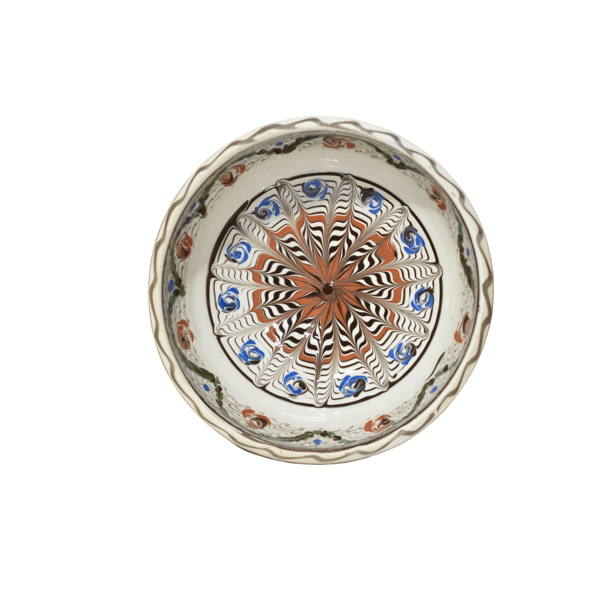 Bol ceramic de Horezu, 19 cm, lucrat manual, decor radial albastru, cu cutie cadou