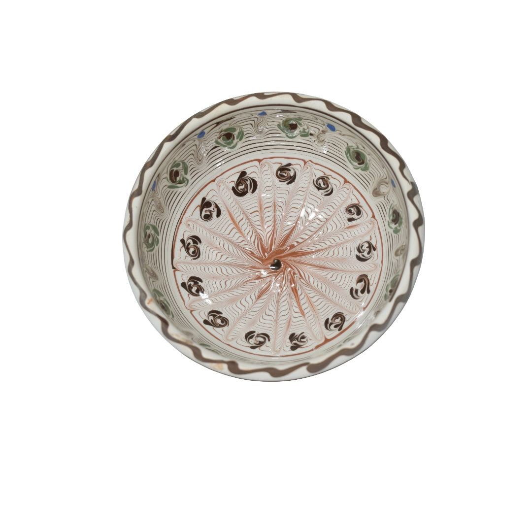 Bol ceramic de Horezu autentic, 19 cm, lucrat manual, model tradițional radial, cu cutie cadou