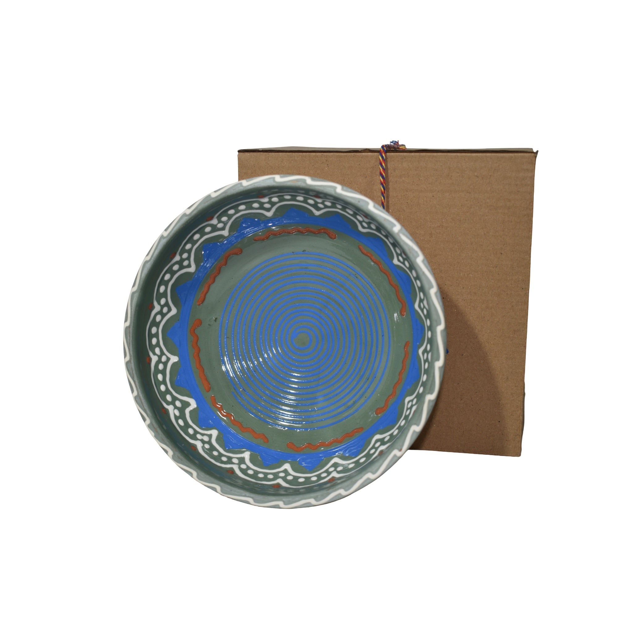 Bol ceramic de Horezu, 19 cm, lucrat manual, decor spirală albastru-verde, cu cutie cadou