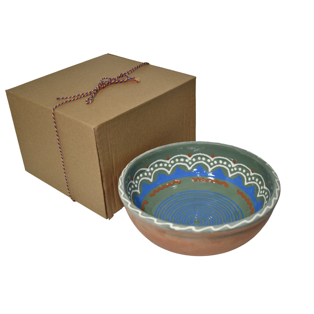 Bol ceramic de Horezu, 19 cm, lucrat manual, decor spirală albastru-verde, cu cutie cadou