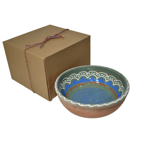 Bol ceramic de Horezu, 19 cm, lucrat manual, decor spirală albastru-verde, cu cutie cadou