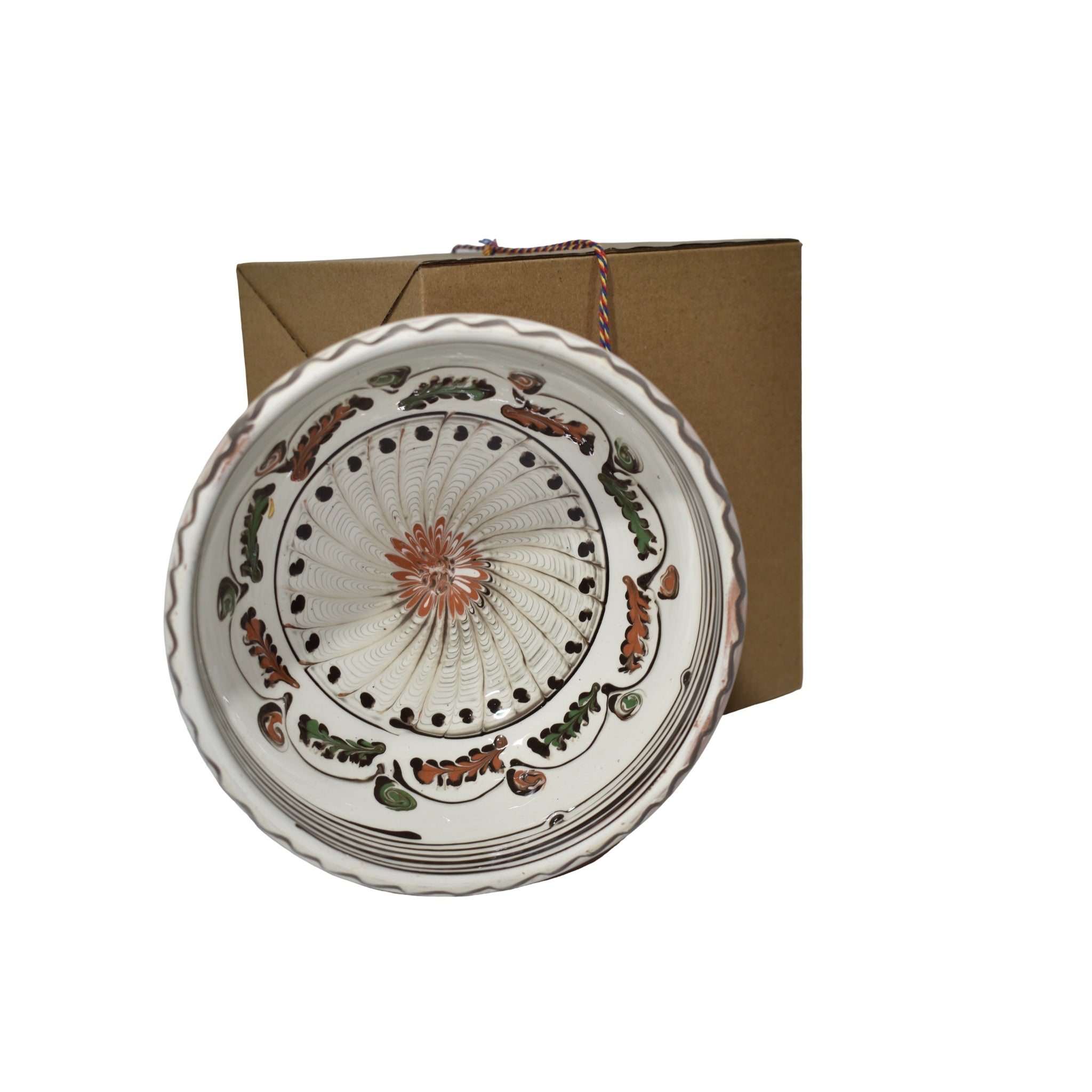 Bol ceramic de Horezu, 19 cm, lucrat manual, decor tradițional spirală, cu cutie cadou