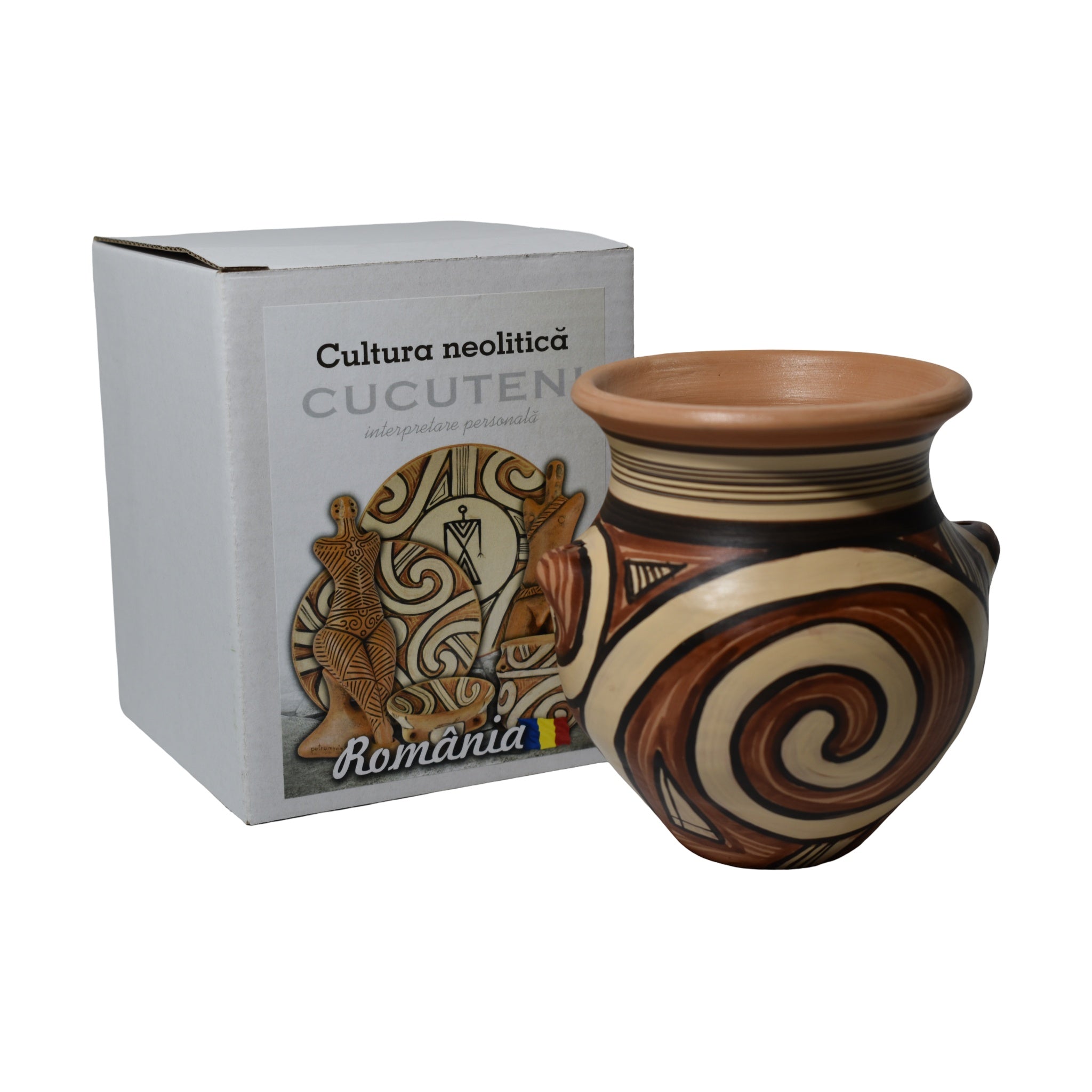 Vas ceramic Cucuteni, 300 ml, lucrat manual, decor neolitic, 11 cm, suvenir România