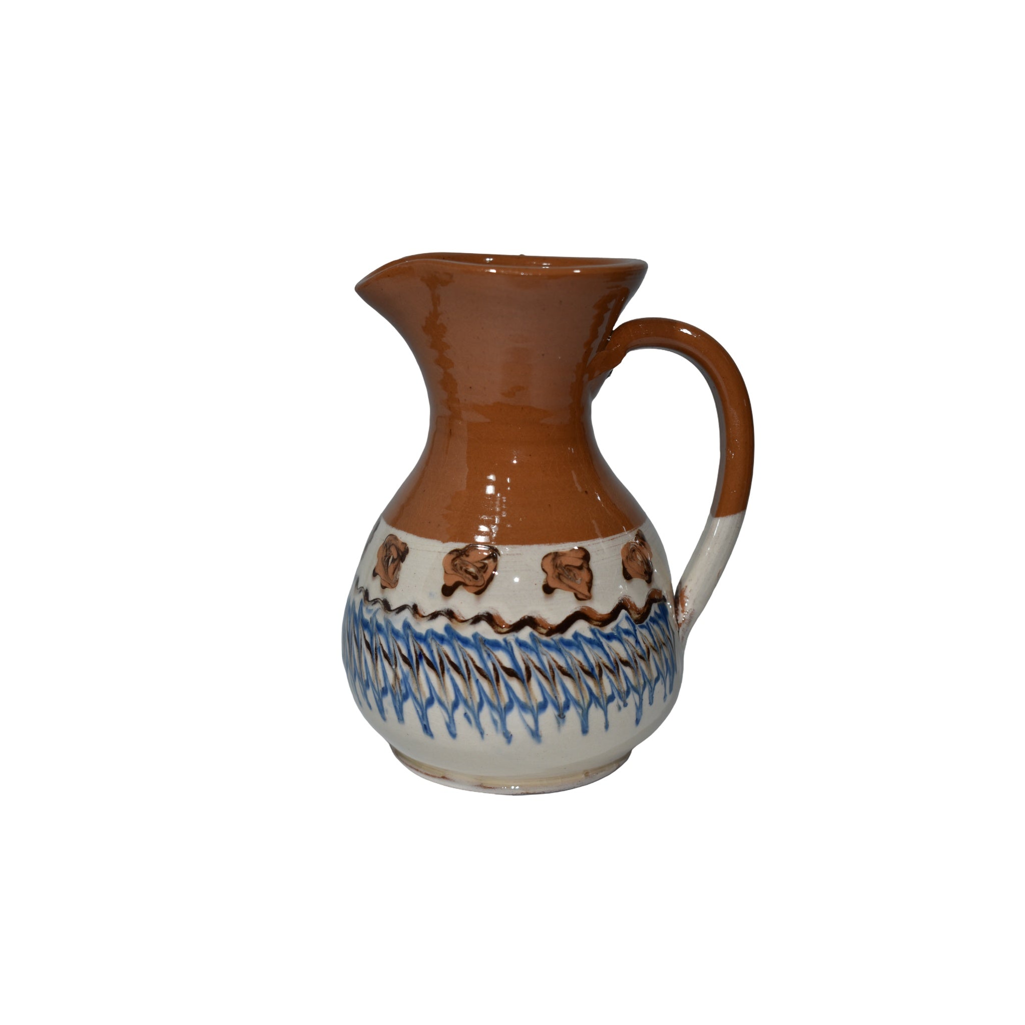 Ulcior ceramic de Horezu, 500 ml, lucrat manual, decor tradițional românesc, maro/alb/albastru