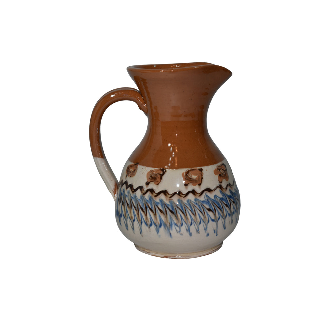 Ulcior ceramic de Horezu, 500 ml, lucrat manual, decor tradițional românesc, maro/alb/albastru