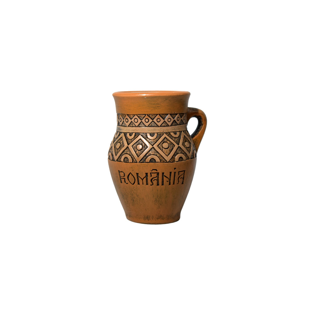 Cană ceramică tradițională România, 300 ml, model rustic, decor etno, culoare maro