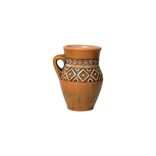 Cană ceramică tradițională România, 300 ml, model rustic, decor etno, culoare maro