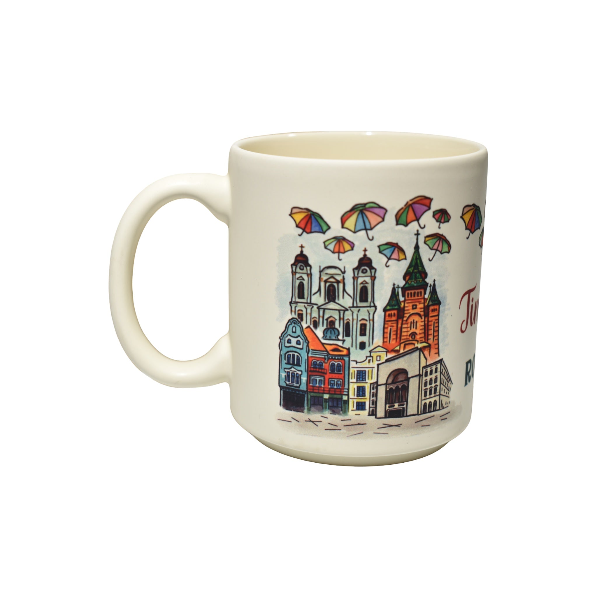 Cană ceramică Timișoara România, 300 ml, model umbrele colorate, suvenir, alb