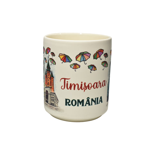 Cană ceramică Timișoara România, 300 ml, model umbrele colorate, suvenir, alb