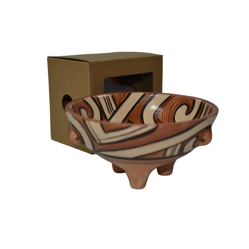 Bol ceramic decorativ tip Cucuteni, cu picioare, 17 cm, lucrat manual, cu cutie cadou