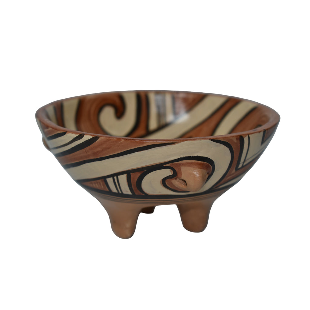 Bol ceramic decorativ tip Cucuteni, cu picioare, 17 cm, lucrat manual, cu cutie cadou