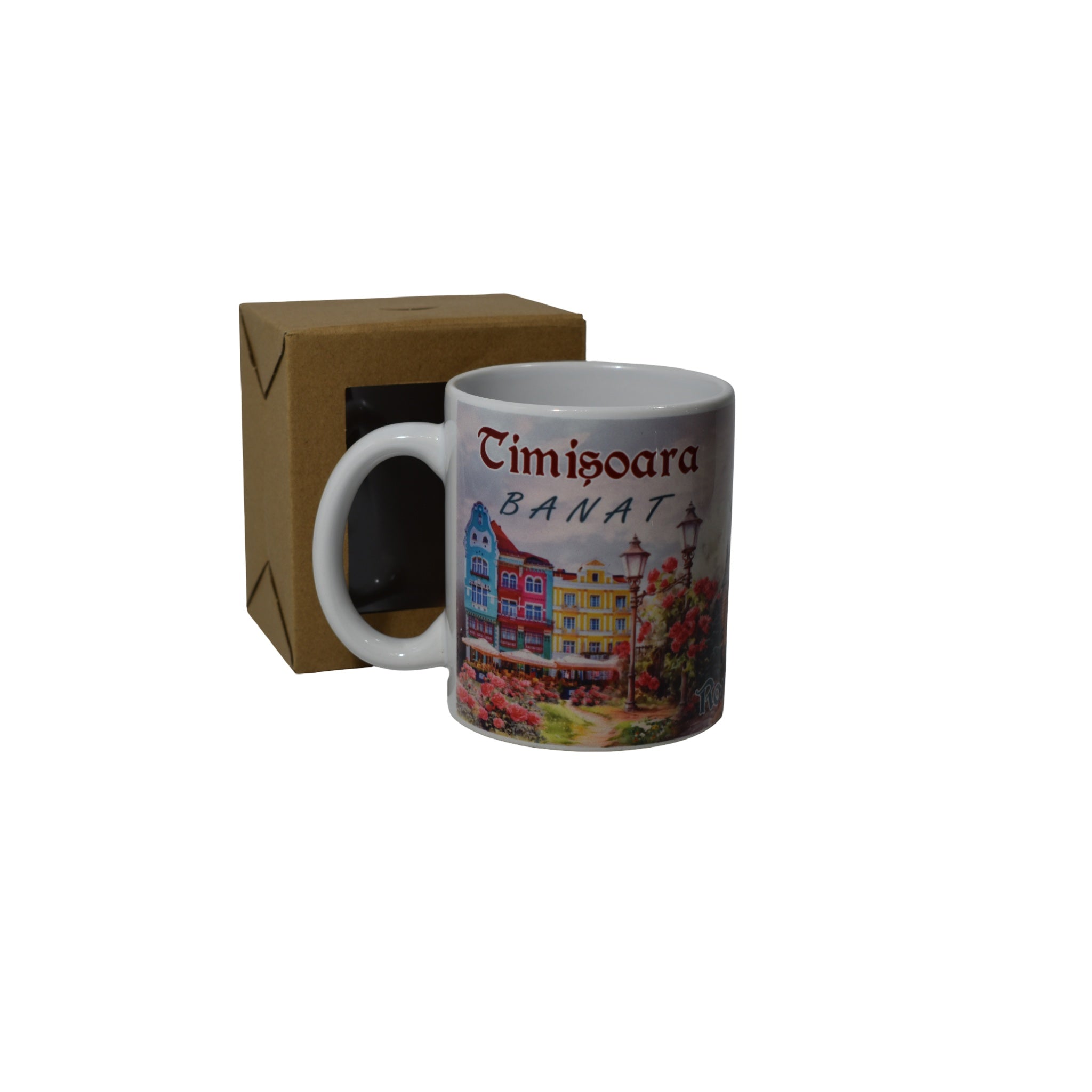 Cană ceramică Timișoara Banat, 300 ml, model suvenir România, imprimare color, alb