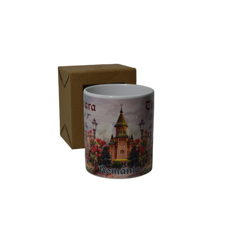 Cană ceramică Timișoara Banat, 300 ml, model suvenir România, imprimare color, alb