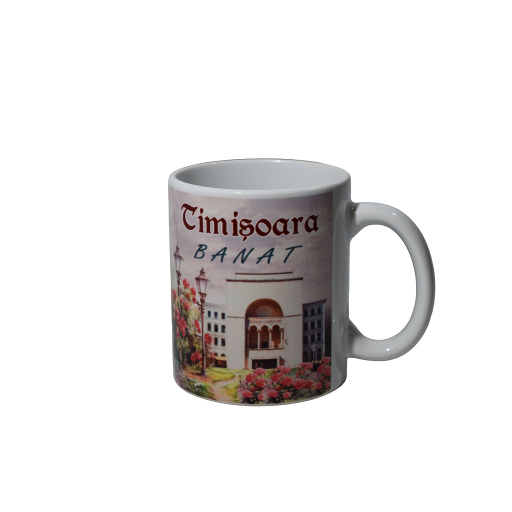 Cană ceramică Timișoara Banat, 300 ml, model suvenir România, imprimare color, alb