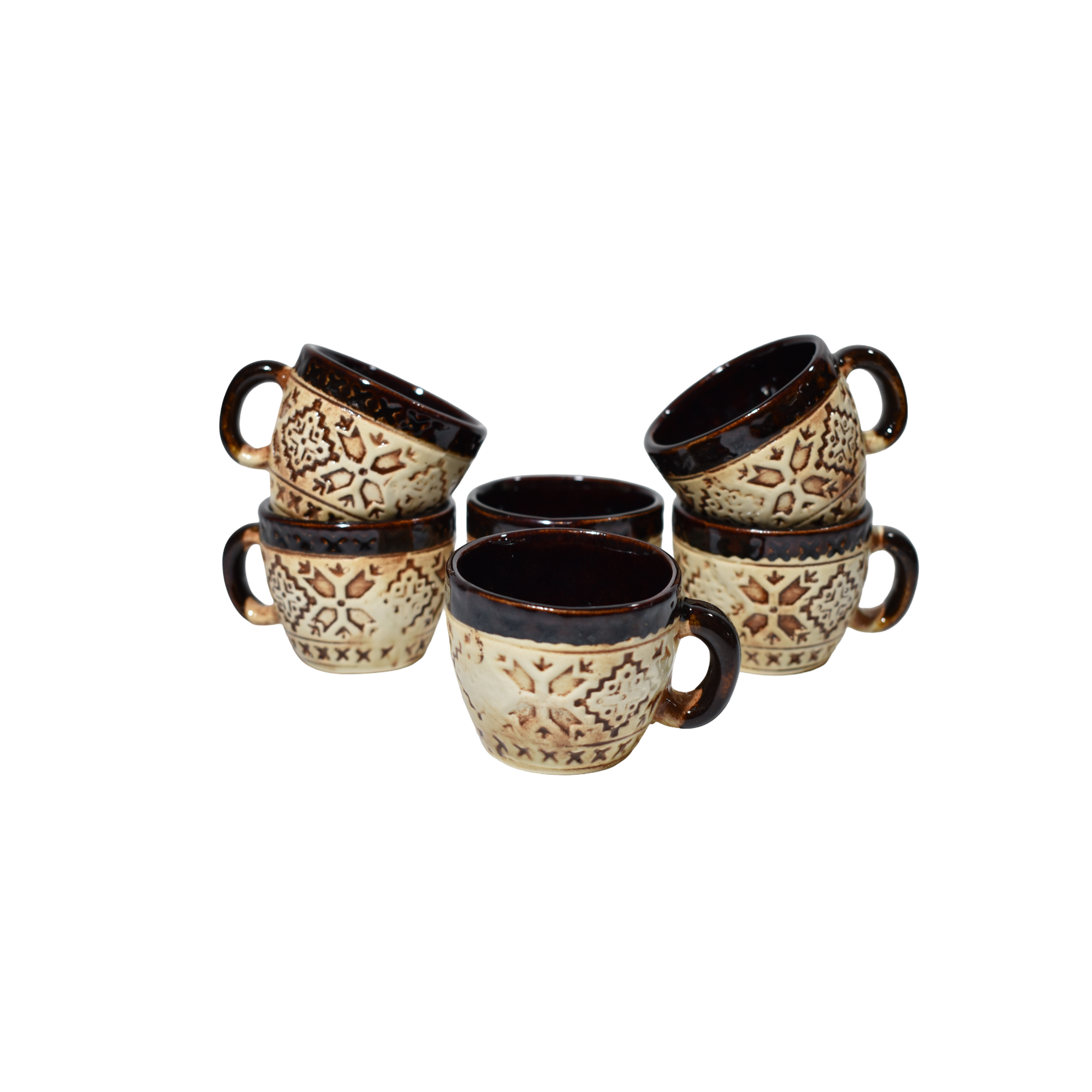 Set 6 cești tradiționale românești din ceramică maro cu model rustic – suvenir România