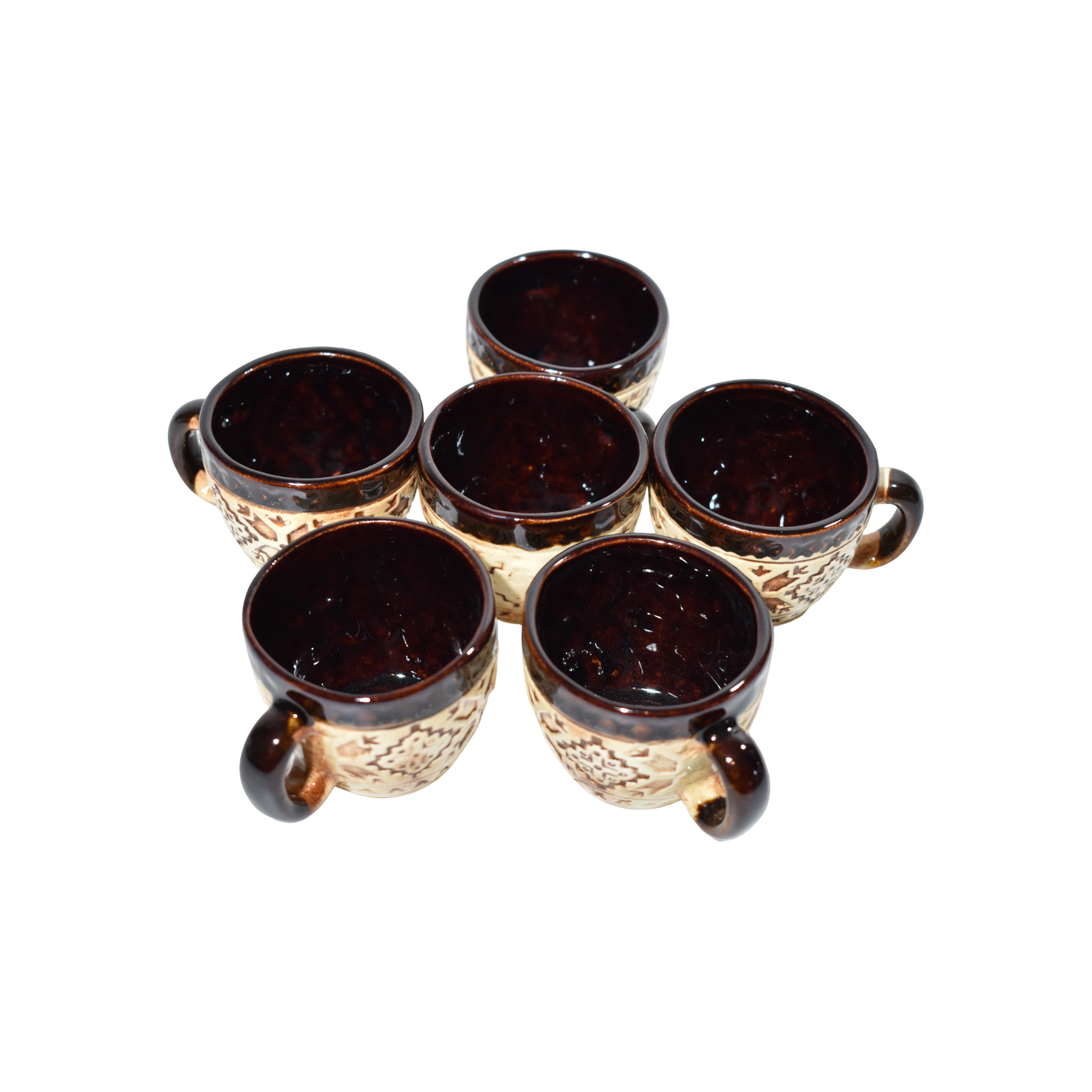 Set 6 cești tradiționale românești din ceramică maro cu model rustic – suvenir România