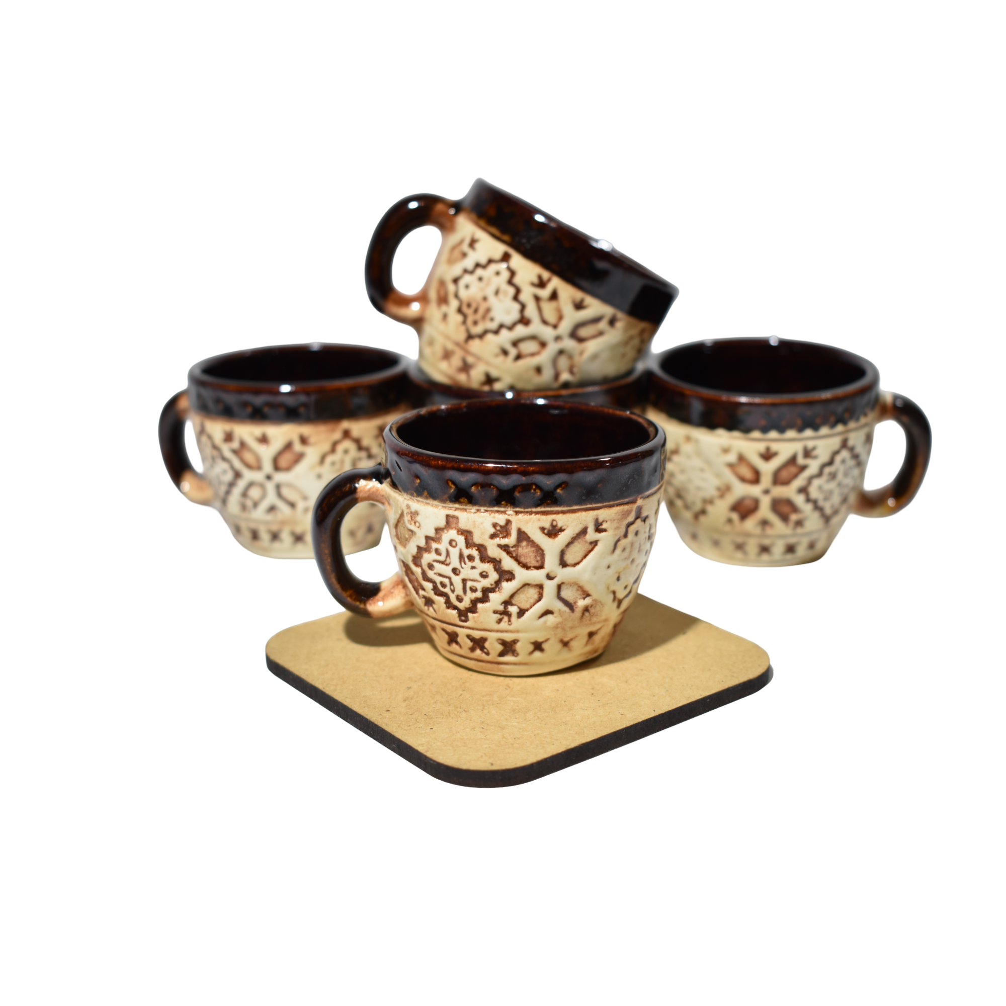 Set 6 cești tradiționale românești din ceramică maro cu model rustic – suvenir România