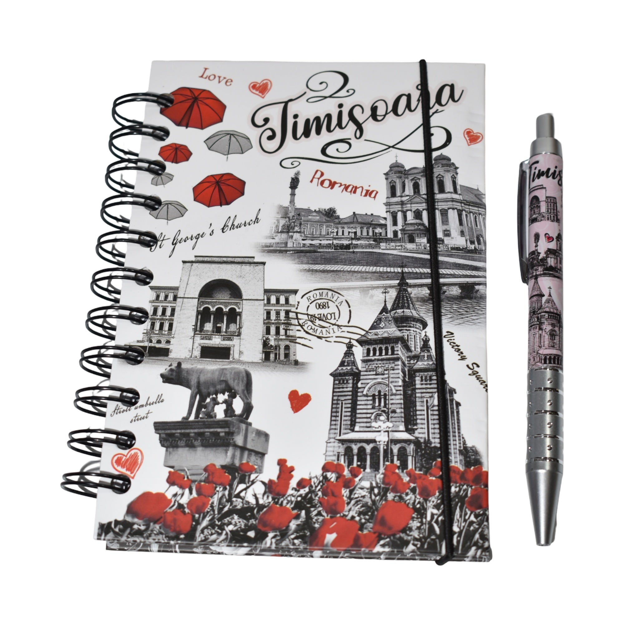 Caiet Spiralat A5 Timișoara + Pix Asortat, Copertă Hardcover, Design Urban Vintage, 100 File Dictando