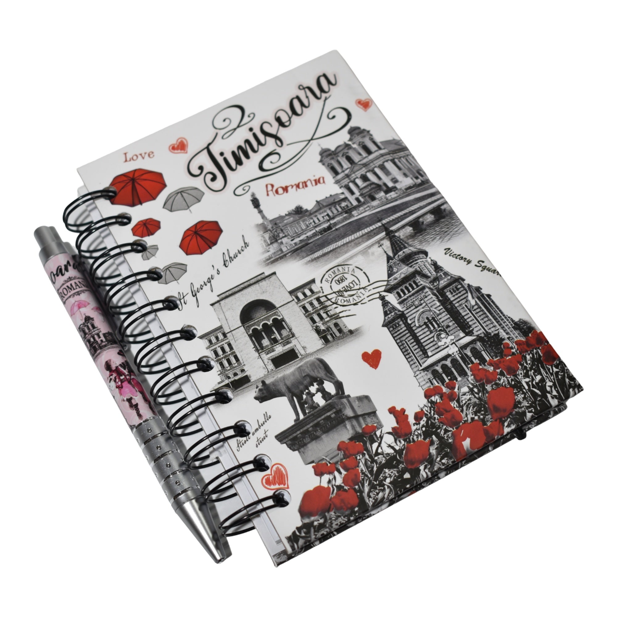 Caiet Spiralat A5 Timișoara + Pix Asortat, Copertă Hardcover, Design Urban Vintage, 100 File Dictando