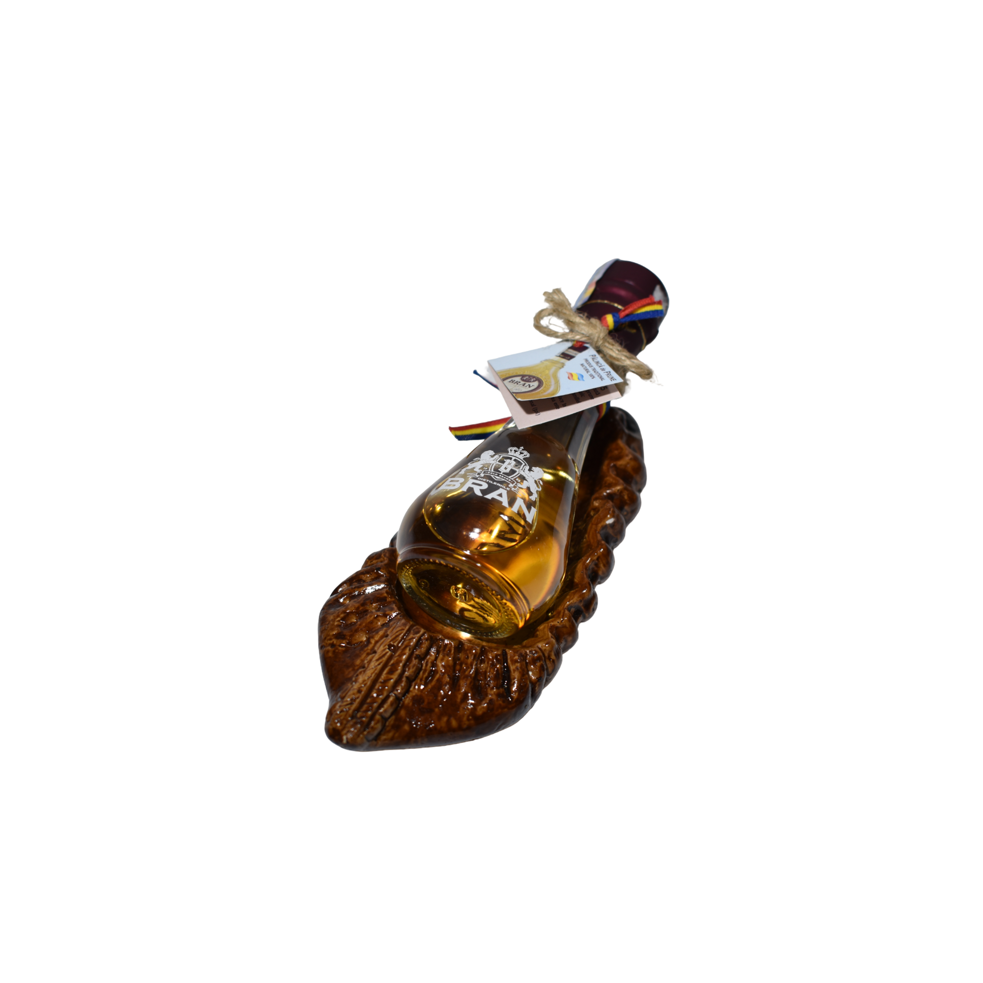 Sticlă miniatură pălincă de prune Bran cu suport ceramic decorativ – suvenir tradițional românesc