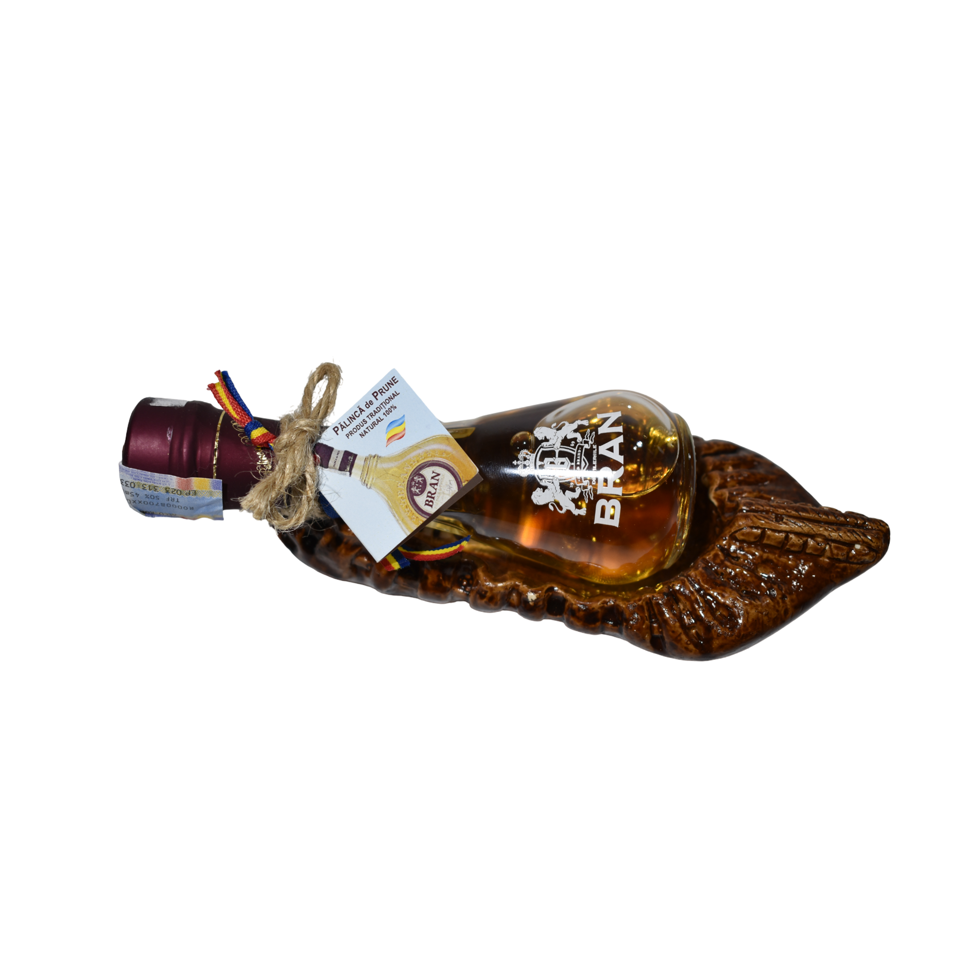 Sticlă miniatură pălincă de prune Bran cu suport ceramic decorativ – suvenir tradițional românesc