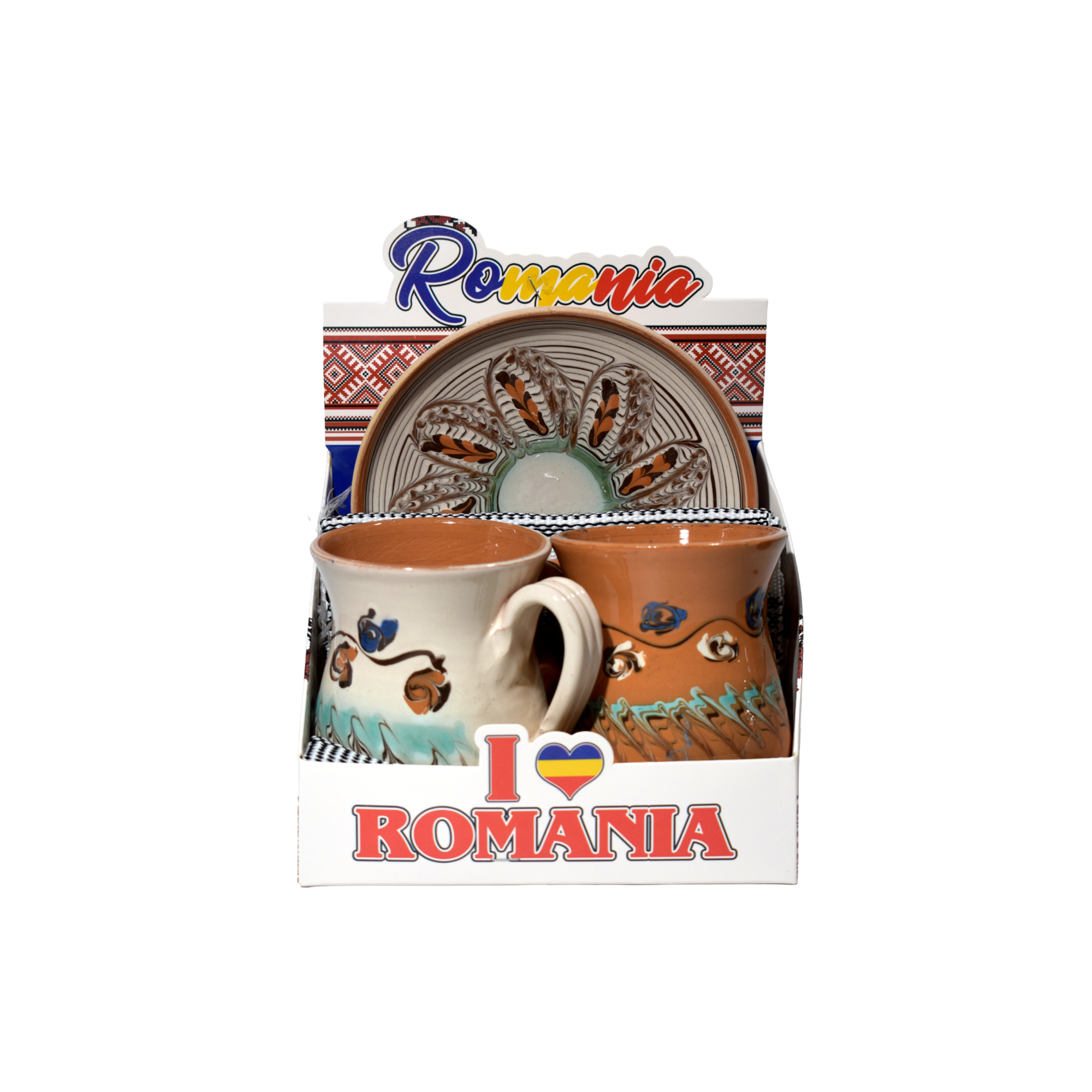 Set cadou tradițional românesc cu 2 căni și farfurie ceramică – suvenir România