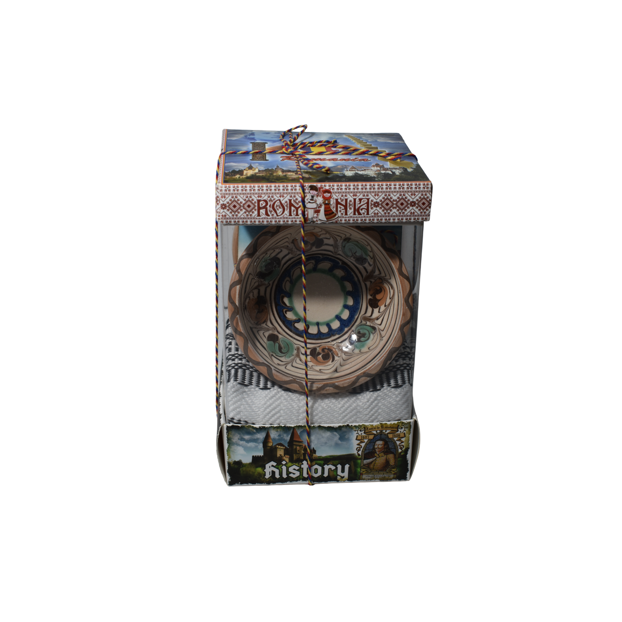 Set cadou tradițional românesc farfurie ceramică decorată + ștergar – suvenir România în cutie decorativă