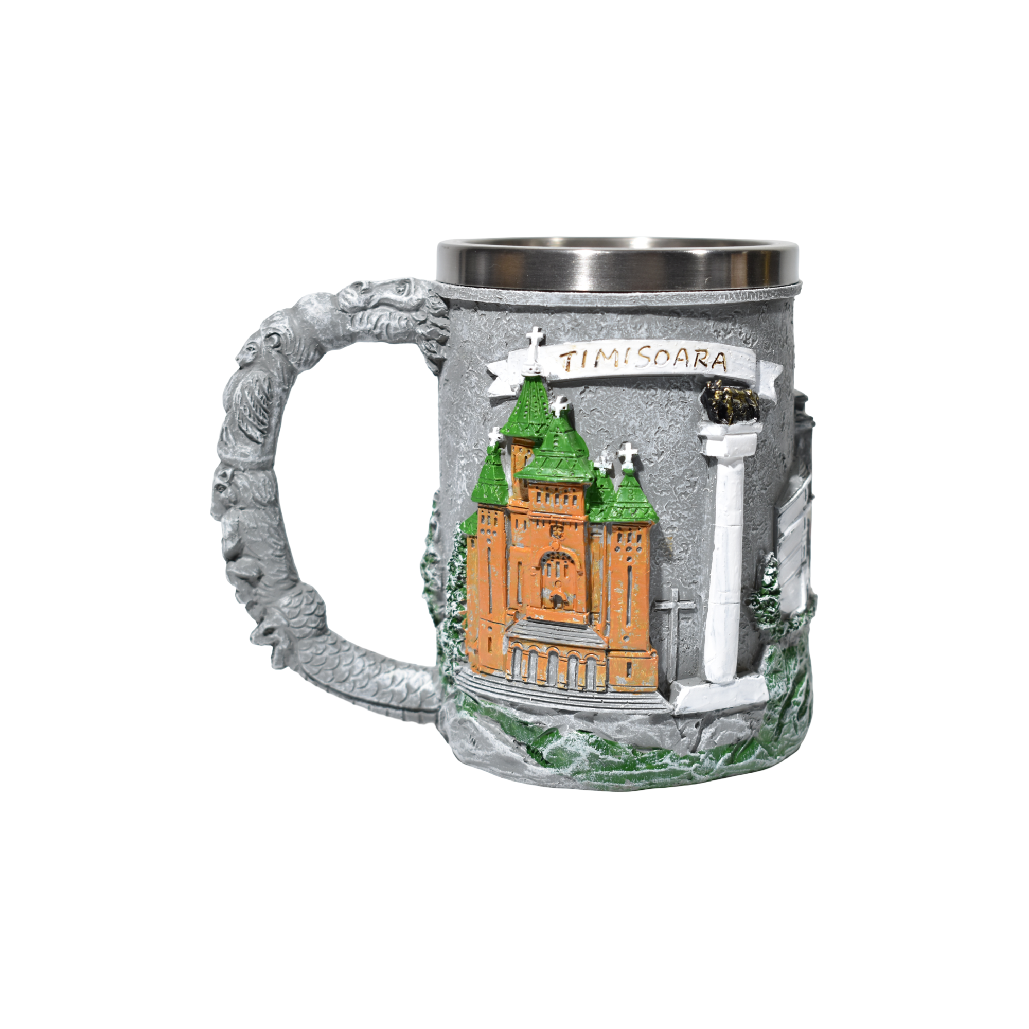 Halbă bere Timișoara 500 ml cu interior inox – cană decorativă cu obiective turistice